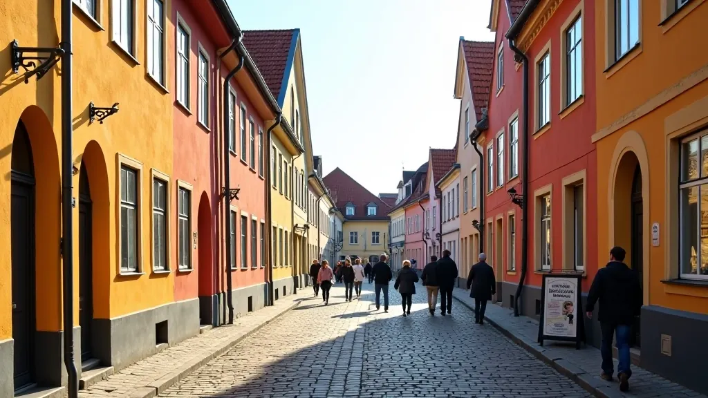 Klaipėdos senamiesčio gatve su tradicine Baltijos architektūra, spalvingais namais ir pėsčiaisiais