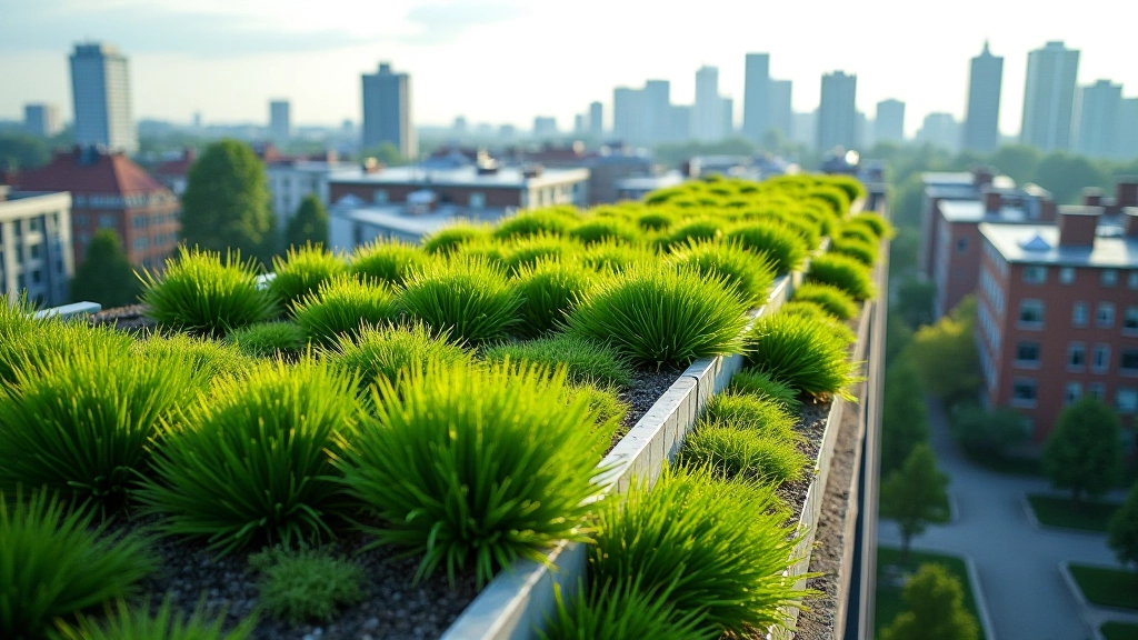 Rohekatus linnakompleksi peal, taimetega kaetud ala, linnamaastik taustal, päikseline ilm