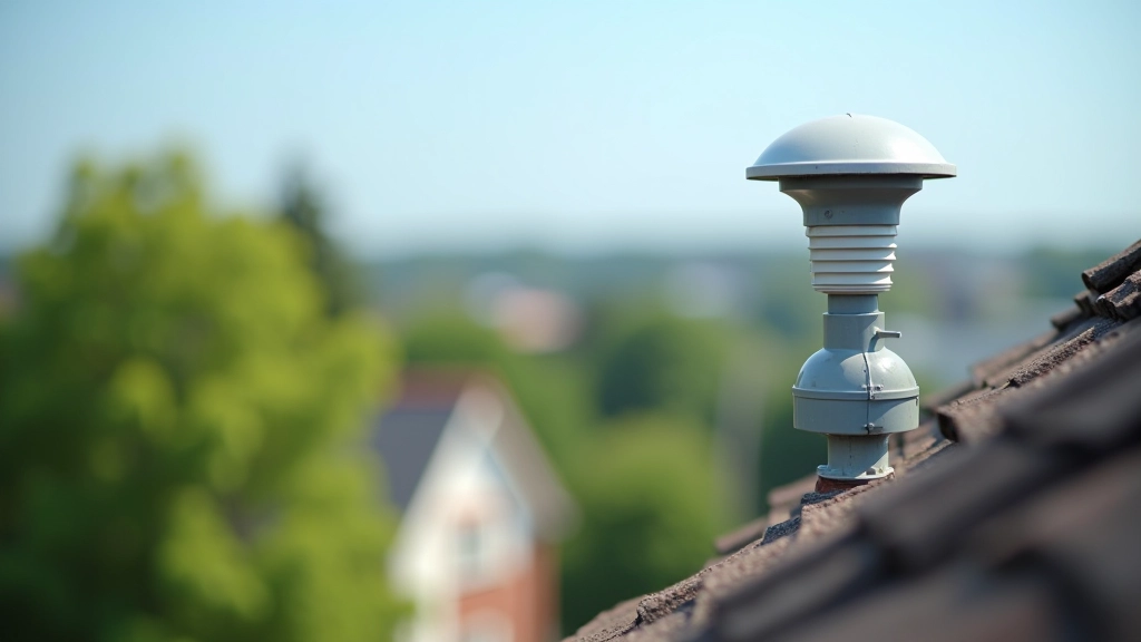 Vihmaandur paigaldatud katusele, roheline linn tagapõhjas, selge taevaga päev