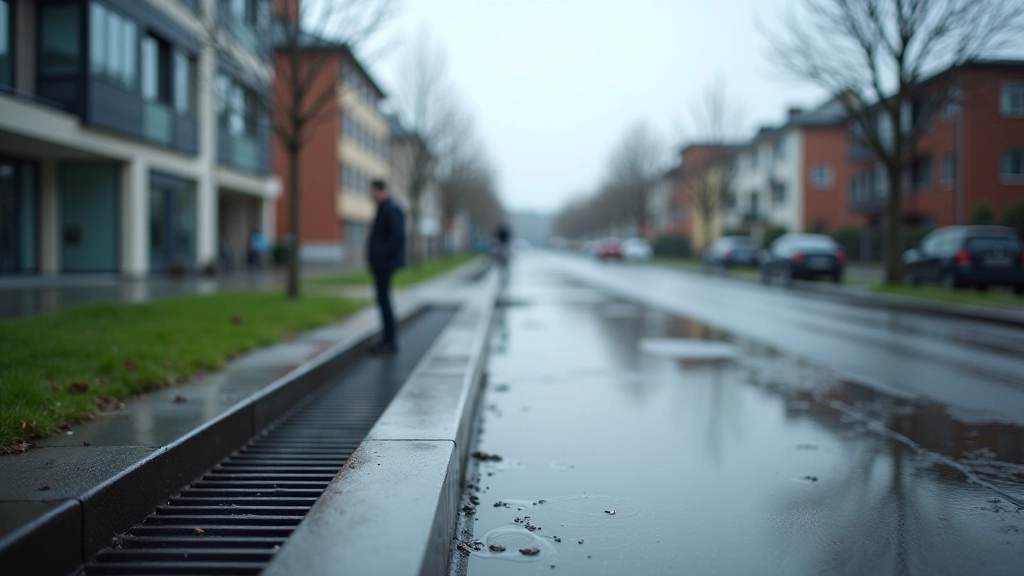 Pärnu Jaama linnaosa tänav vihmase ilmaga, kus näha kastmissüsteemi tööd ja veekanali ääres seisva inseneri